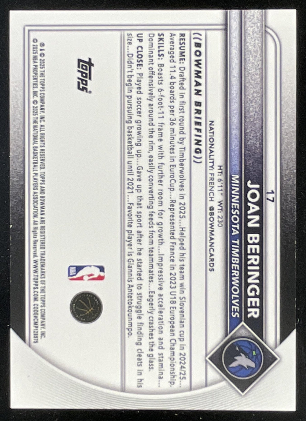2025-26 Bowman Black Border #17 Joan Beringer RC /10 product image 2, provided for visual reference and product detail review