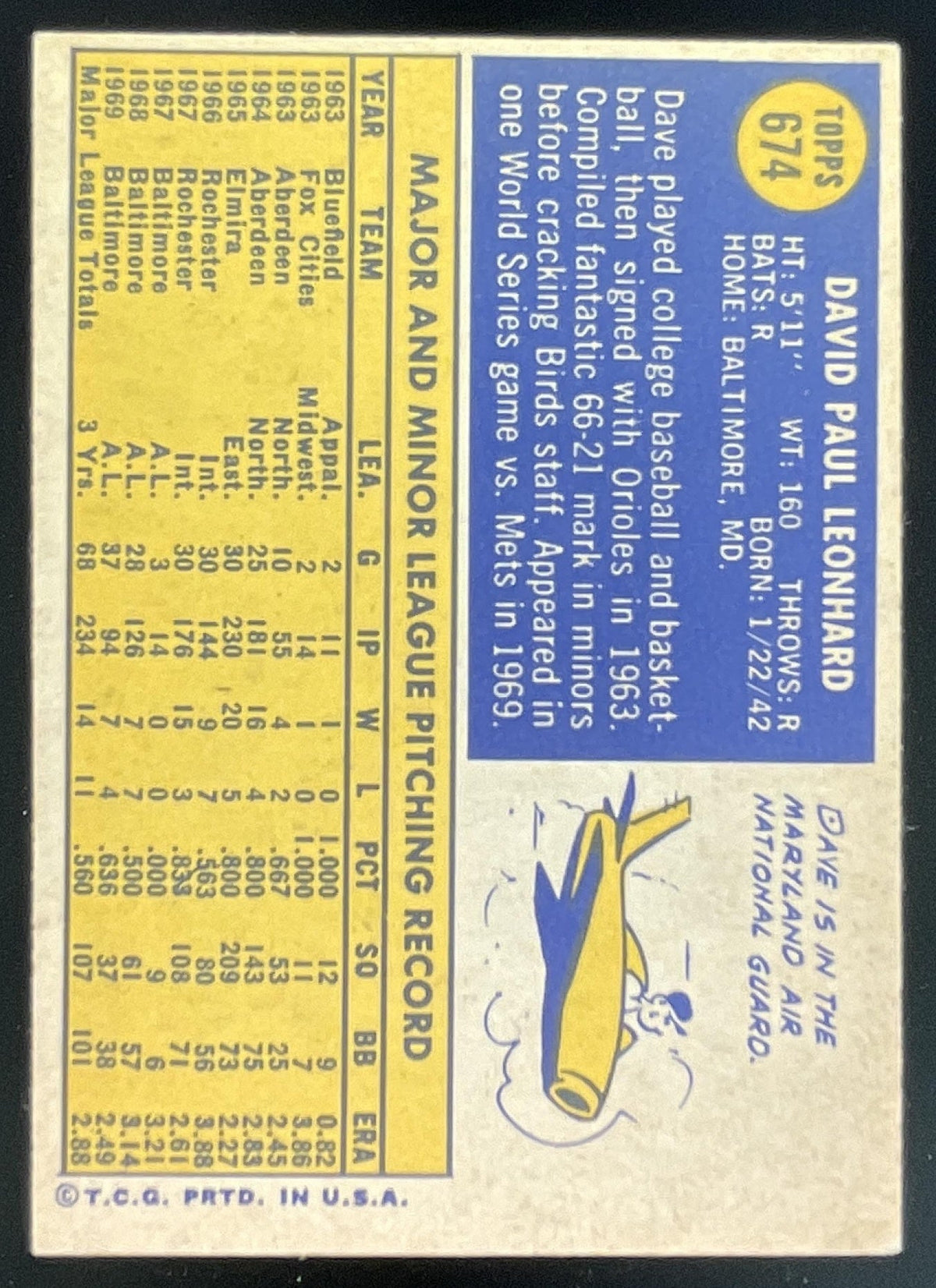 1970 Topps #674 Dave Leonhard product image 2, provided for visual reference and product detail review