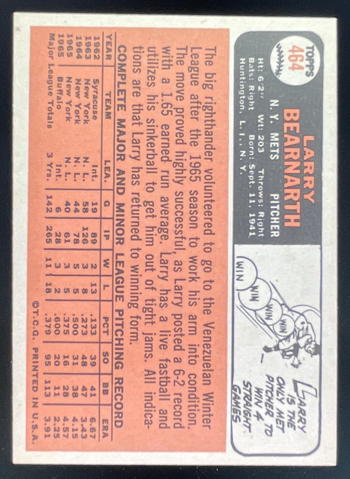 1966 Topps #464 Larry Bearnarth product image 2, provided for visual reference and product detail review