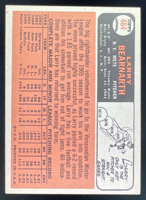 1966 Topps #464 Larry Bearnarth product image 2, provided for visual reference and product detail review