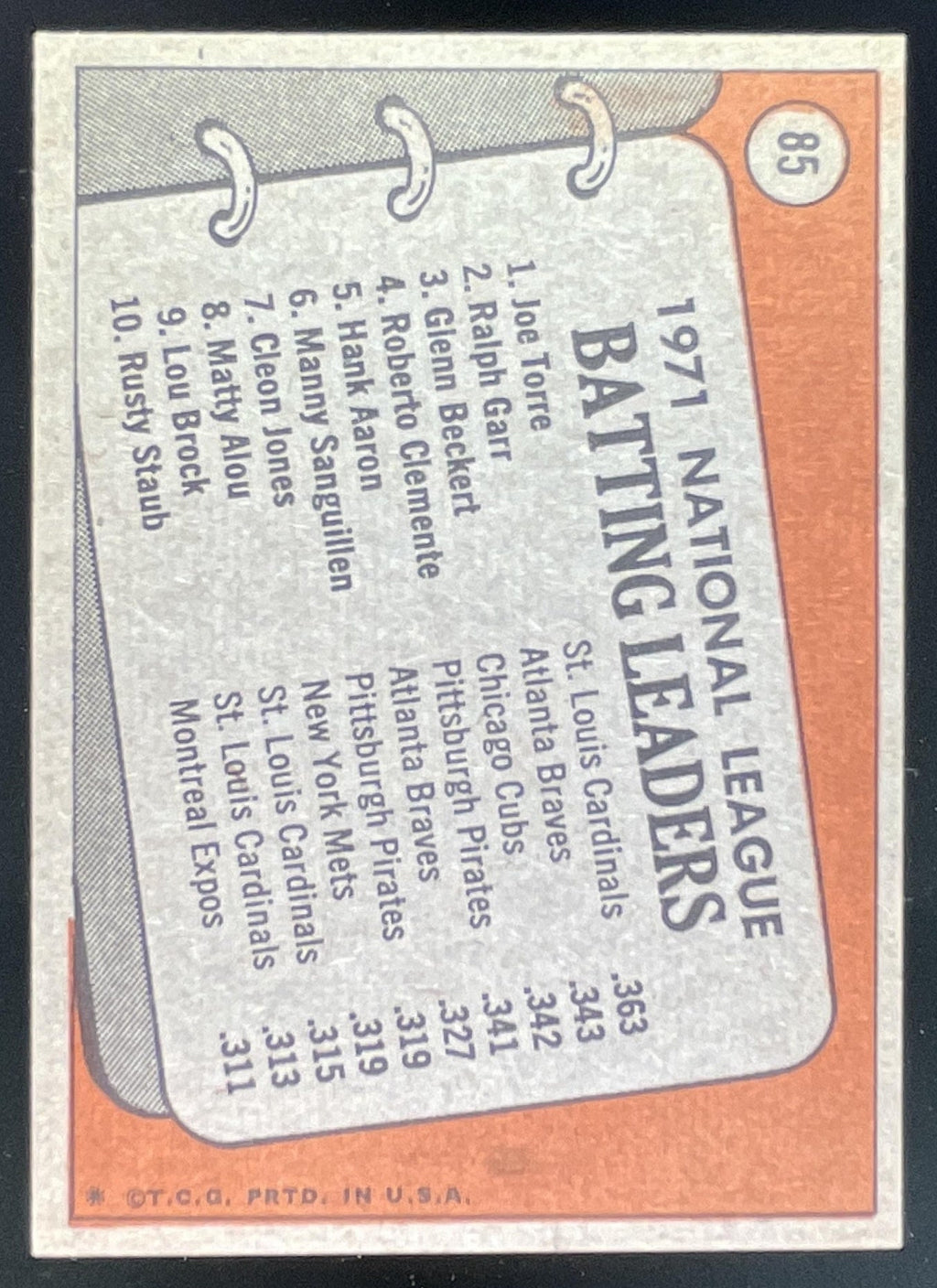 1972 Topps #85 Joe Torre Ralph Garr Glenn Beckert League Leaders product image 2, provided for visual reference and product