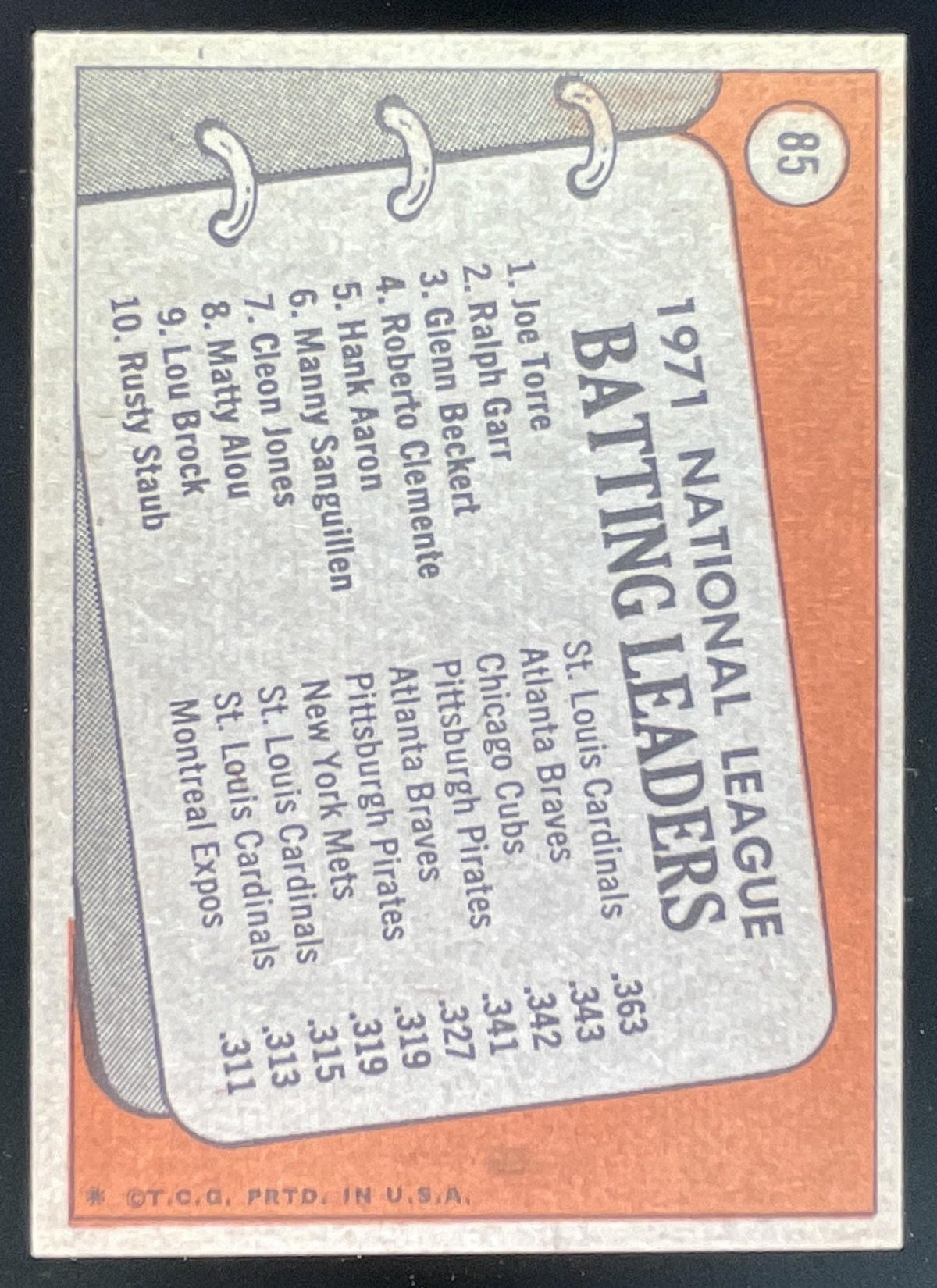 1972 Topps #85 Joe Torre Ralph Garr Glenn Beckert League Leaders product image 2, provided for visual reference and product