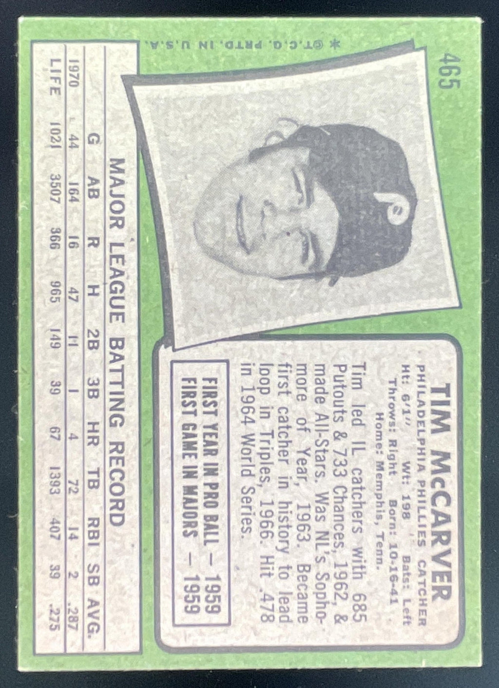 1971 Topps #465 Tim McCarver product image 2, provided for visual reference and product detail review