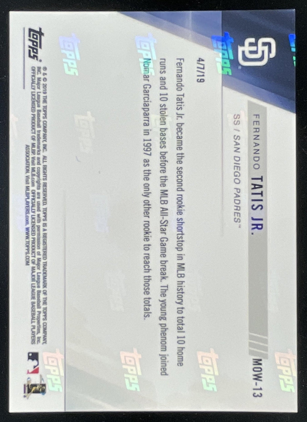 2019 Topps Now Moment of the Week #MOW-13 Fernando Tatis Jr. RC product image 2, provided for visual reference and product