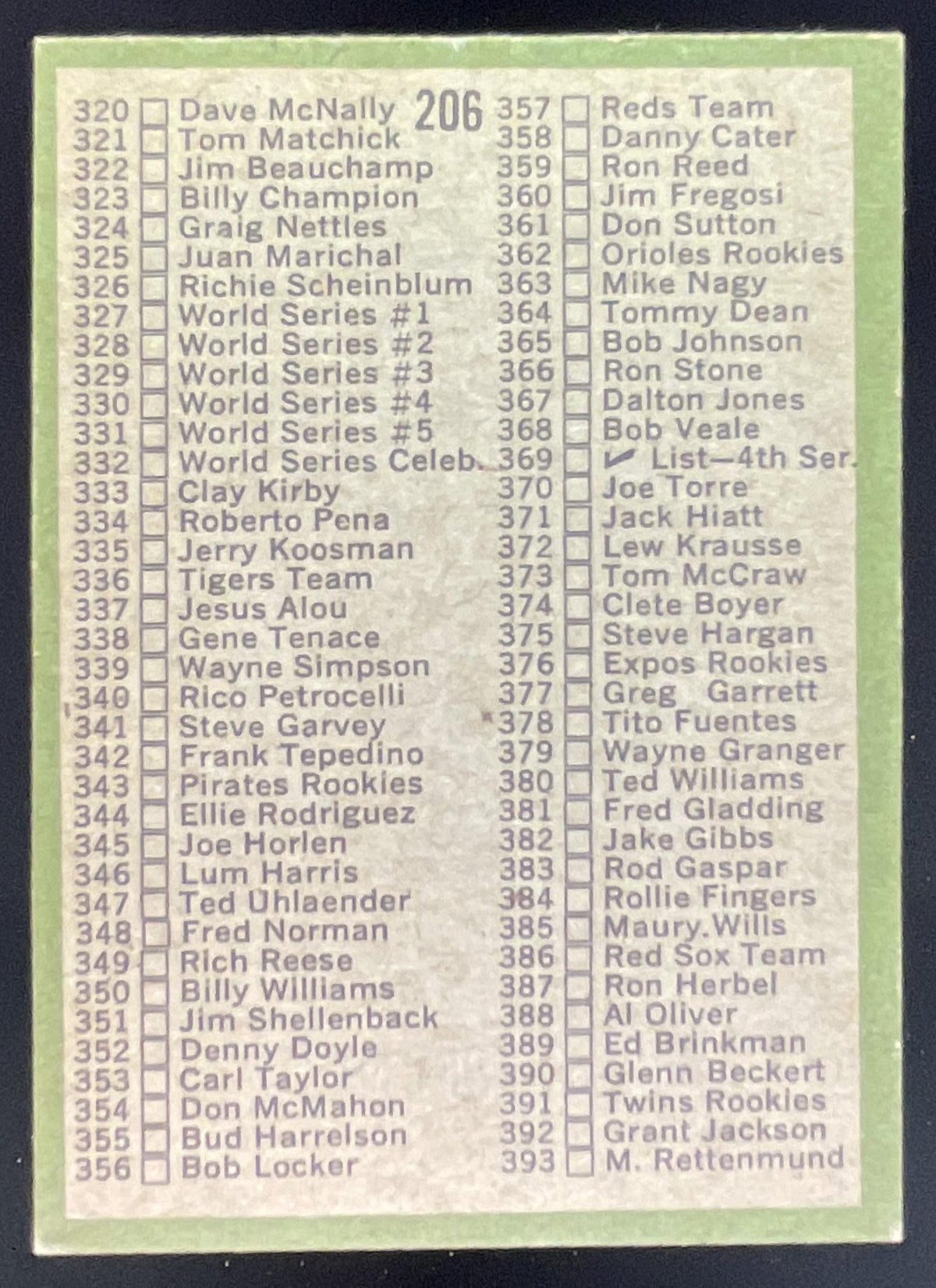 1971 Topps #206 Checklist: 264-393 product image 2, provided for visual reference and product detail review