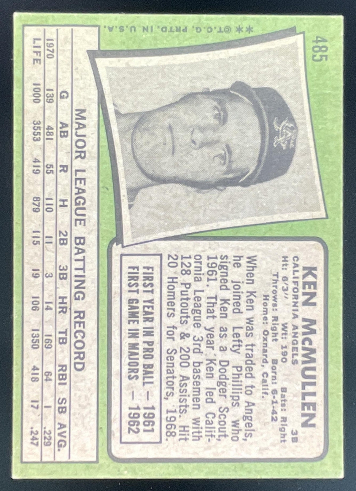 1971 Topps #485 Ken McMullen product image 2, provided for visual reference and product detail review