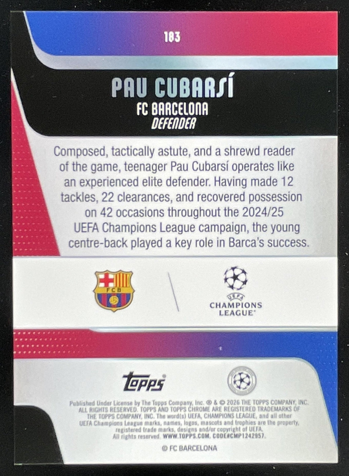 2025-26 Topps UEFA Club Competitions Green Lava #183 Pau Cubarsi /99 product image 2, provided for visual reference and