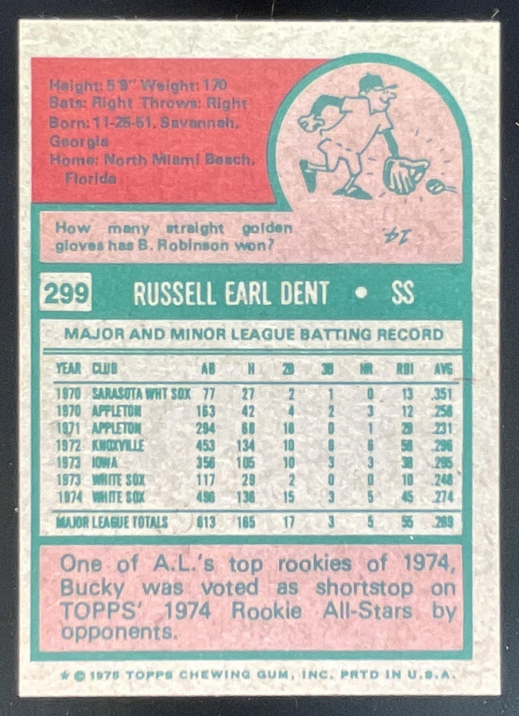 1975 Topps #299 Bucky Dent Super Rookie All-Star ROOKIE product image 2, provided for visual reference and product detail