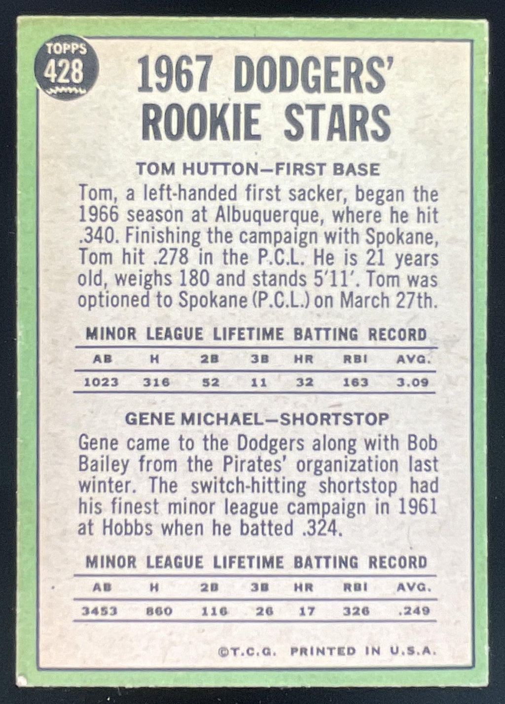 1967 Topps #428 Dodgers 1967 Rookie Stars Tom Hutton Gene Michael RS, RC product image 2, provided for visual reference and