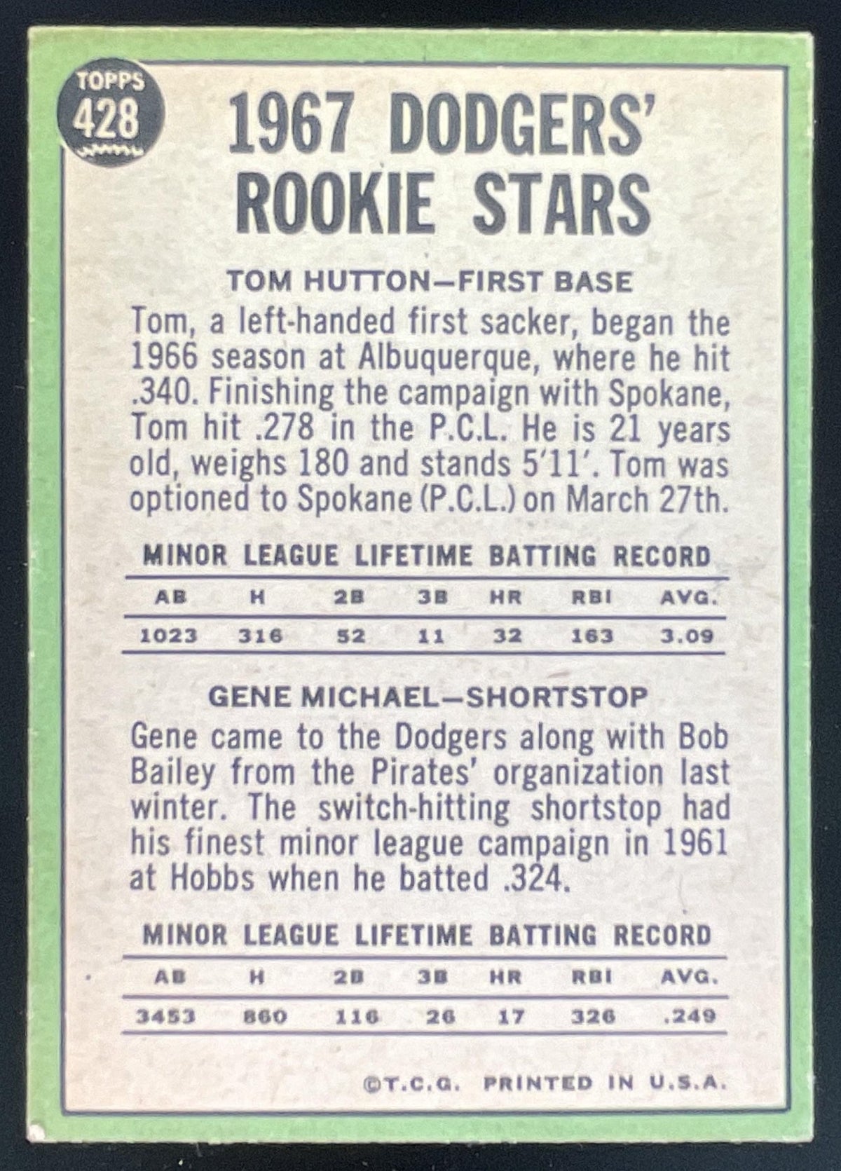 1967 Topps #428 Dodgers 1967 Rookie Stars Tom Hutton Gene Michael RS, RC product image 2, provided for visual reference and