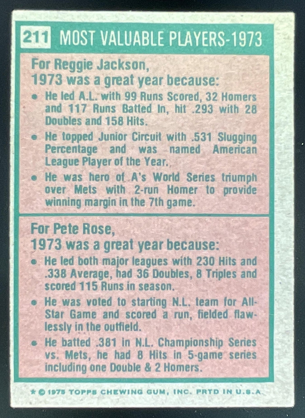 1975 Topps #211 1973s Reggie Jackson Pete Rose MVP product image 2, provided for visual reference and product detail review