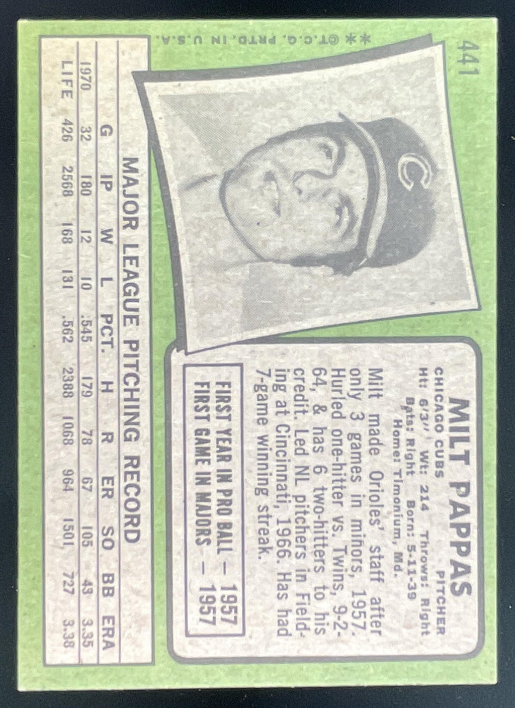 1971 Topps #441 Milt Pappas product image 2, provided for visual reference and product detail review