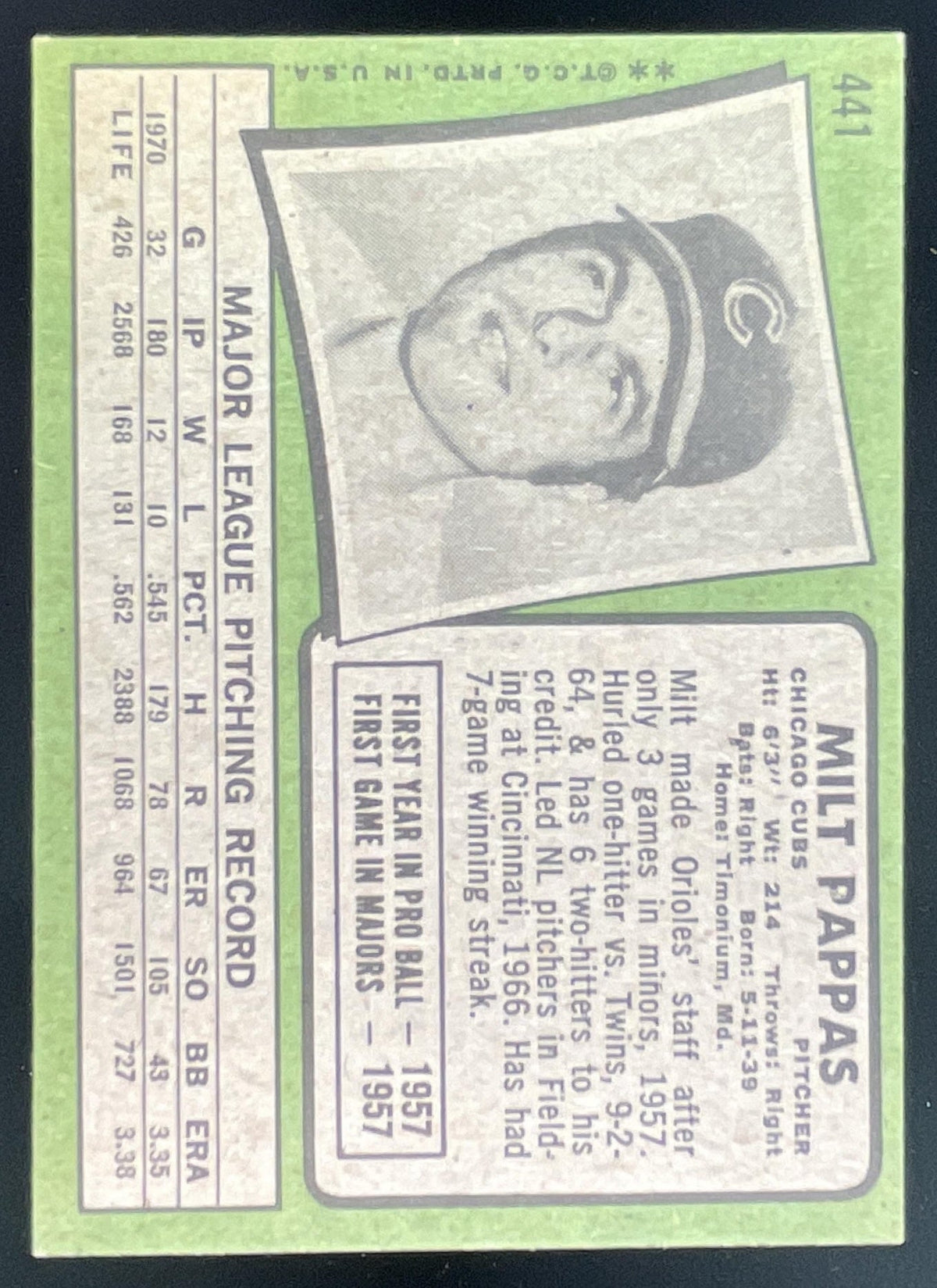 1971 Topps #441 Milt Pappas product image 2, provided for visual reference and product detail review