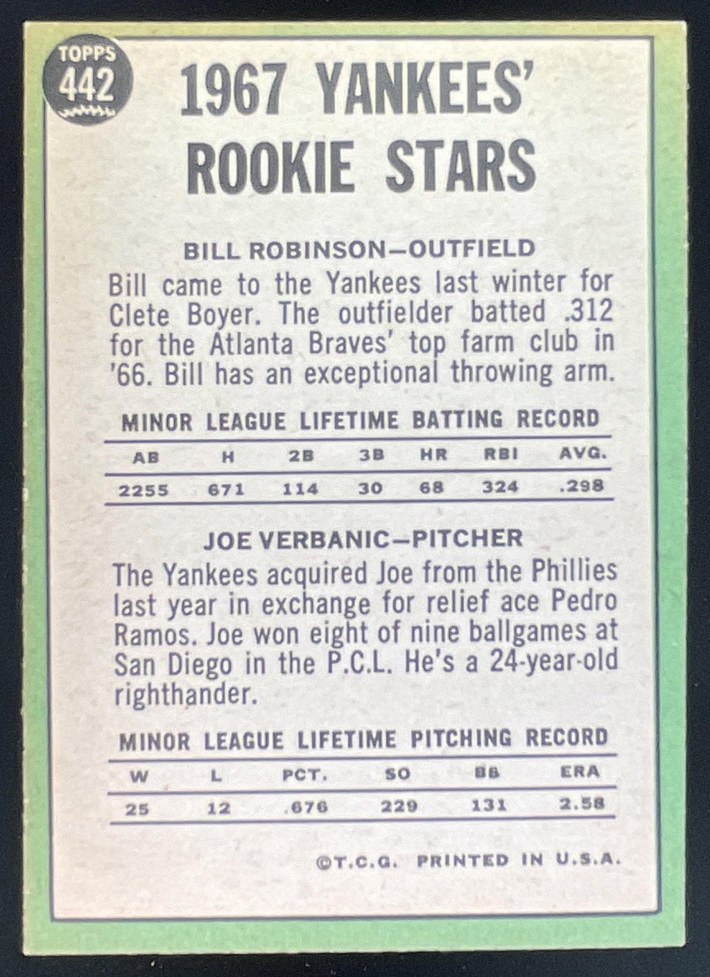 1967 Topps #442 Yankees 1967 Rookie Stars Bill Robinson Joe Verbanic RS, RC product image 2, provided for visual reference
