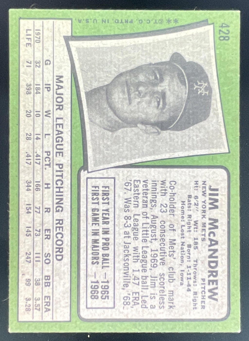 1971 Topps #428 Jim McAndrew product image 2, provided for visual reference and product detail review