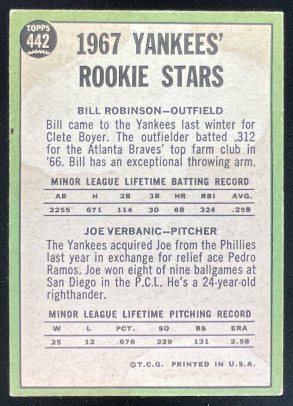 1967 Topps #442 Yankees 1967 Rookie Stars Bill Robinson Joe Verbanic RS, RC product image 2, provided for visual reference