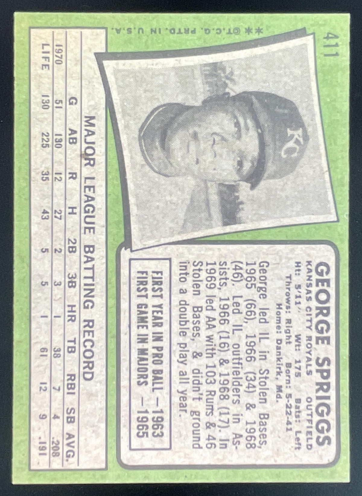 1971 Topps #411 George Spriggs product image 2, provided for visual reference and product detail review