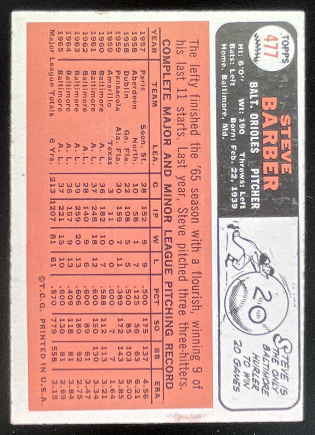 1966 Topps #477 Steve Barber product image 2, provided for visual reference and product detail review