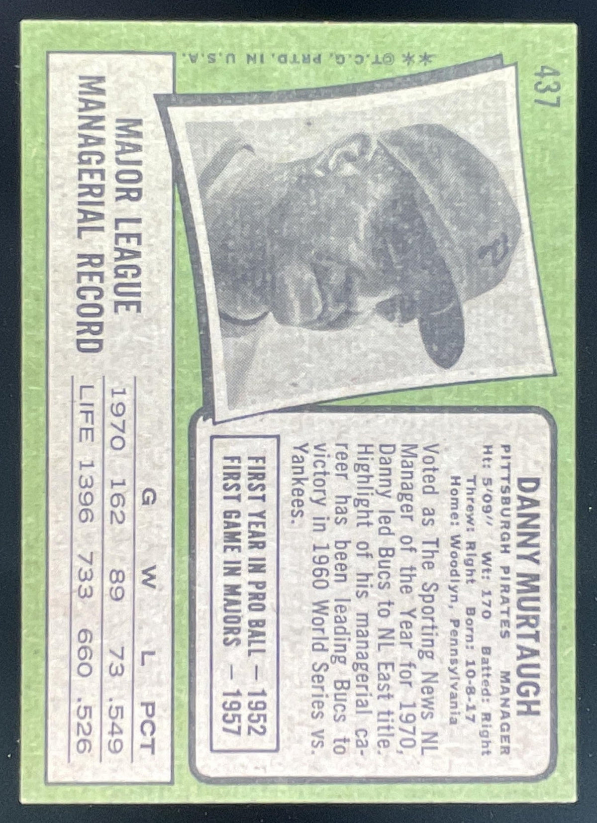 1971 Topps #437 Danny Murtaugh product image 2, provided for visual reference and product detail review