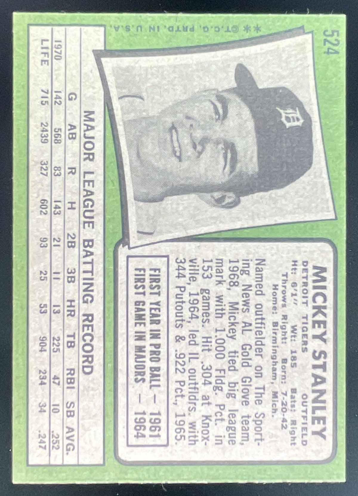 1971 Topps #524 Mickey Stanley product image 2, provided for visual reference and product detail review