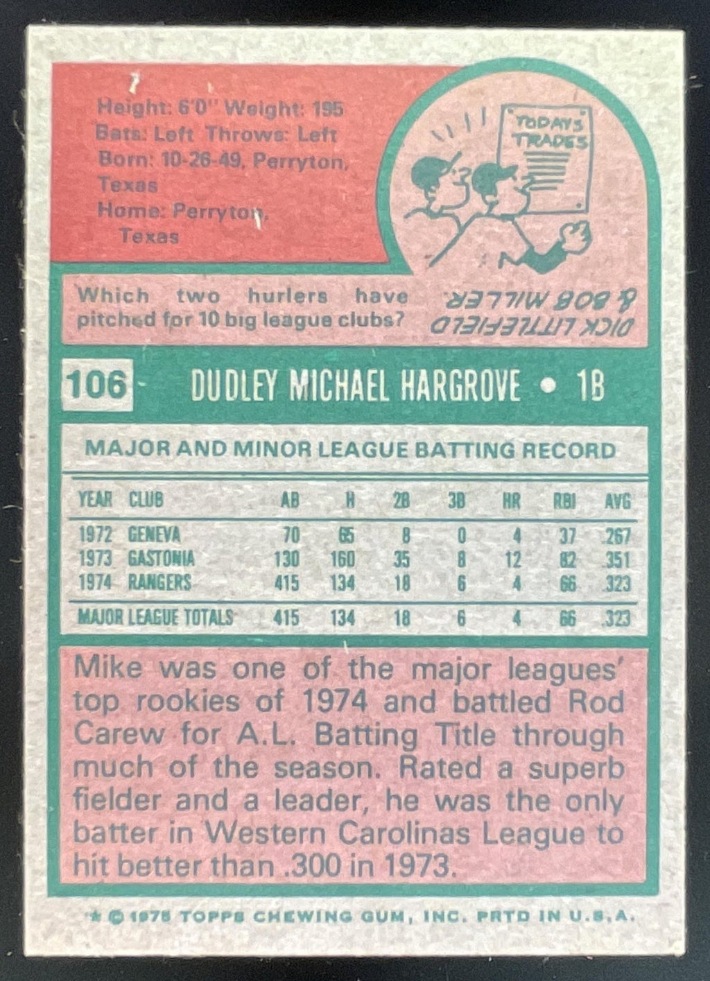 1975 Topps #106 Mike Hargrove Super Rookie UER RC All-Star ROOKIE product image 2, provided for visual reference and product