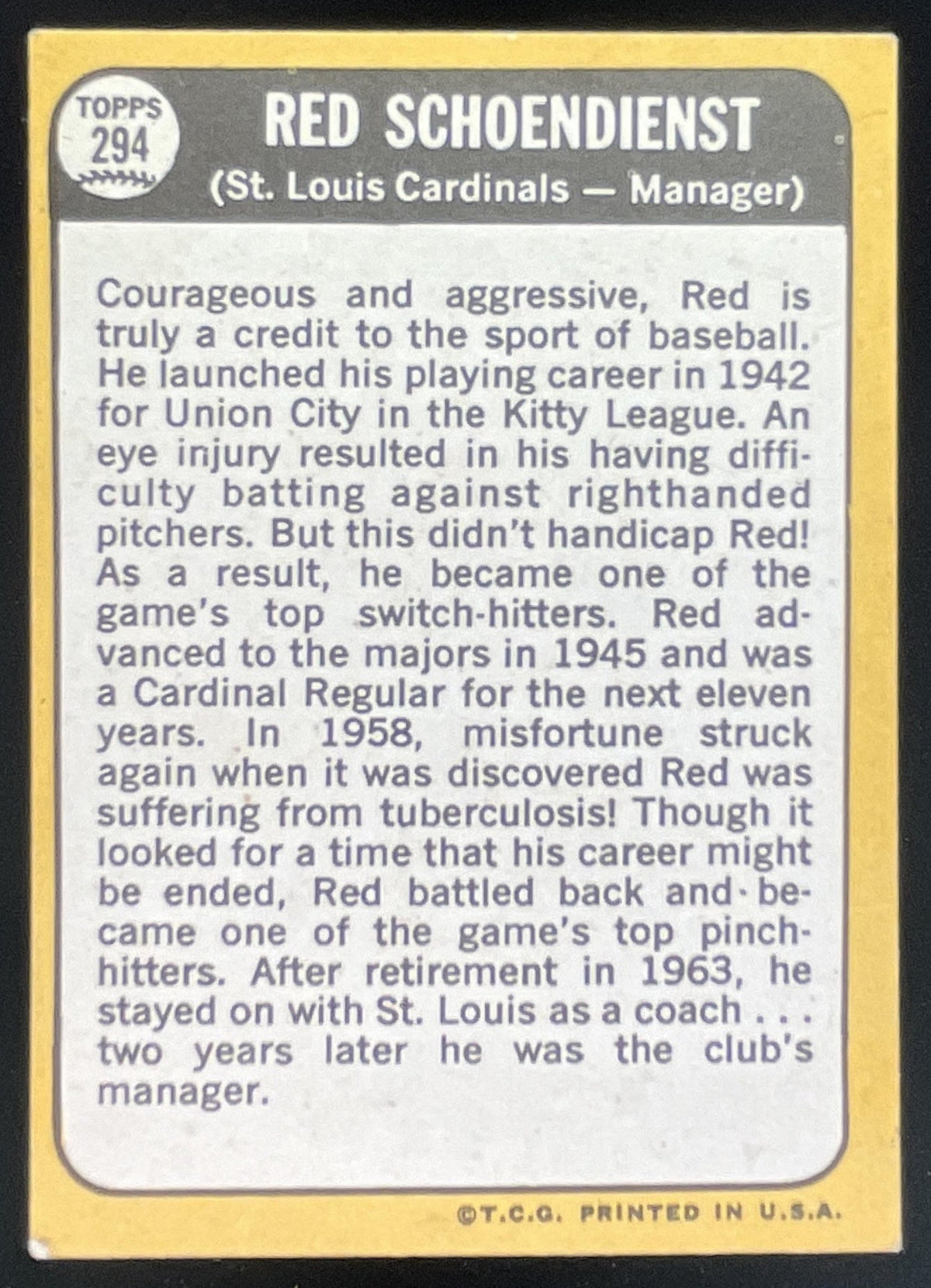 1968 Topps #294 Red Schoendienst product image 2, provided for visual reference and product detail review