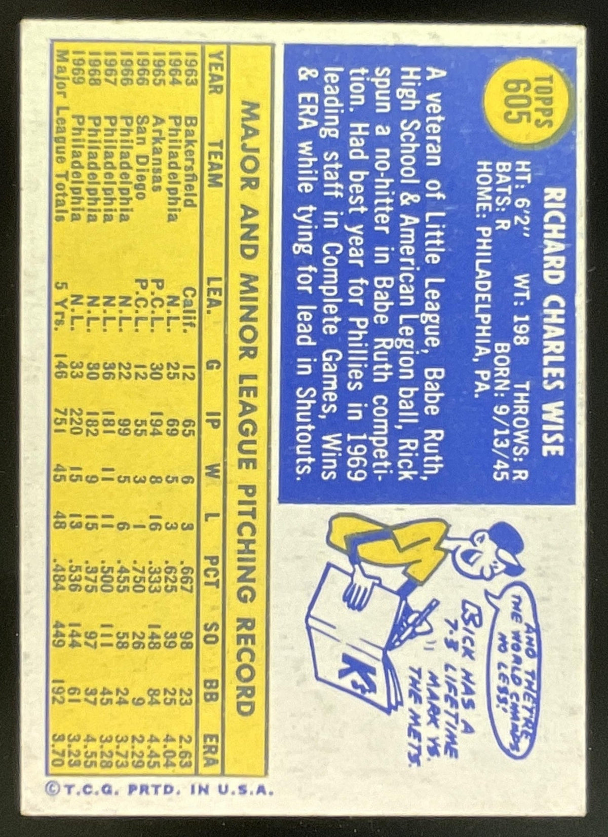 1970 Topps #605 Rick Wise product image 2, provided for visual reference and product detail review