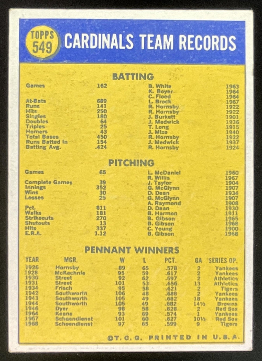 1970 Topps #549 St. Louis Cardinals product image 2, provided for visual reference and product detail review