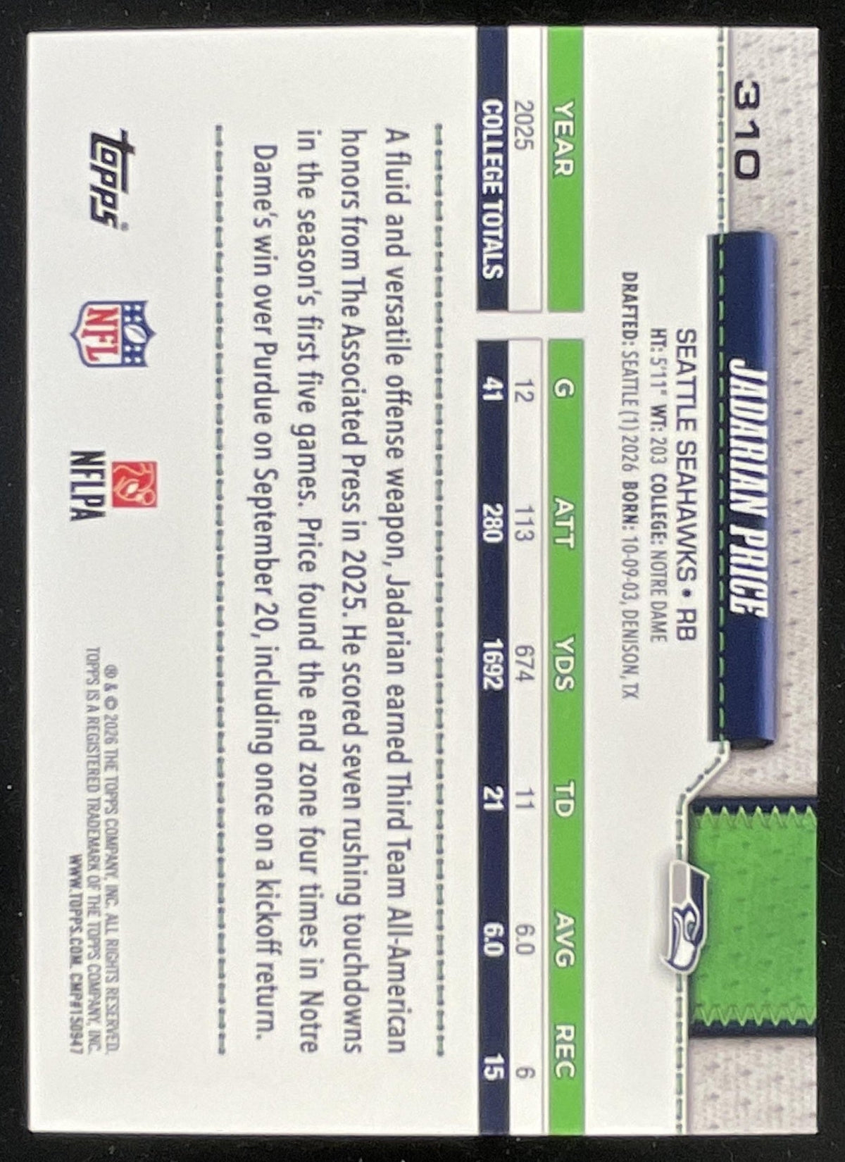 2026 Topps Team Color Border Variation #310 Jadarian Price RC product image 2, provided for visual reference and product