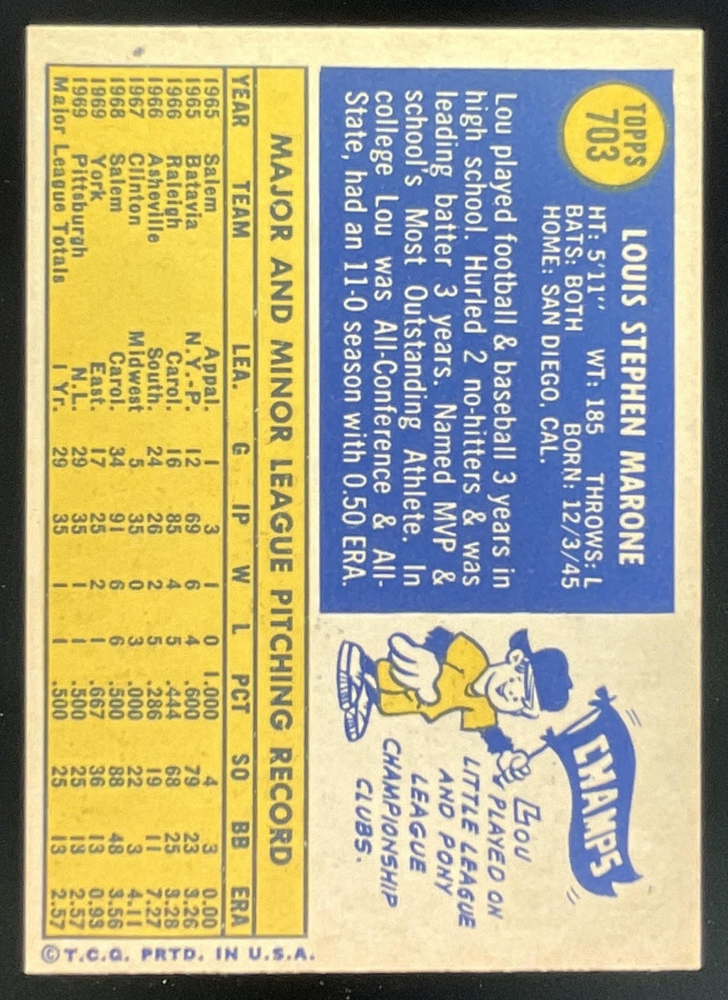 1970 Topps #703 Lou Marone RC product image 2, provided for visual reference and product detail review