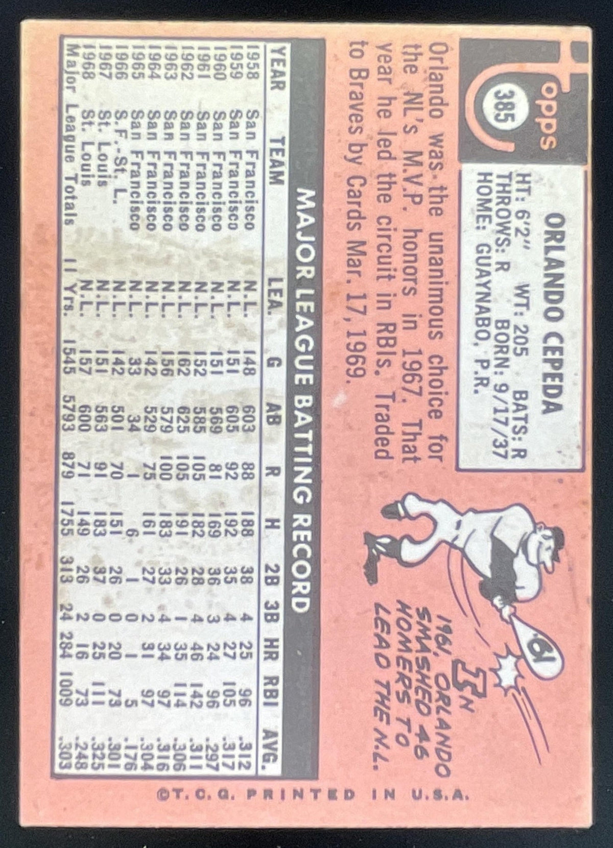 1969 Topps #385 Orlando Cepeda product image 2, provided for visual reference and product detail review