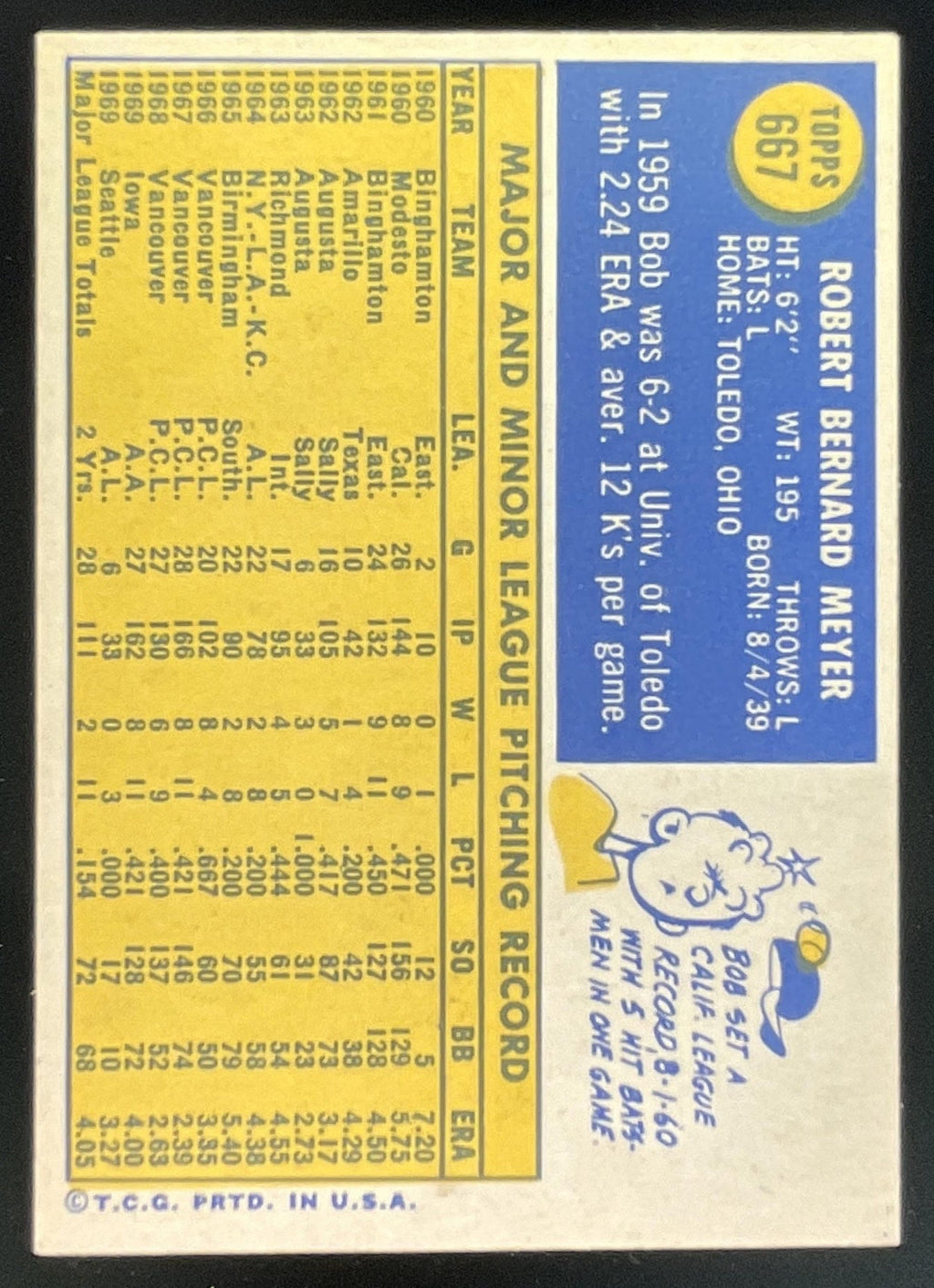 1970 Topps #667 Bob Meyer product image 2, provided for visual reference and product detail review