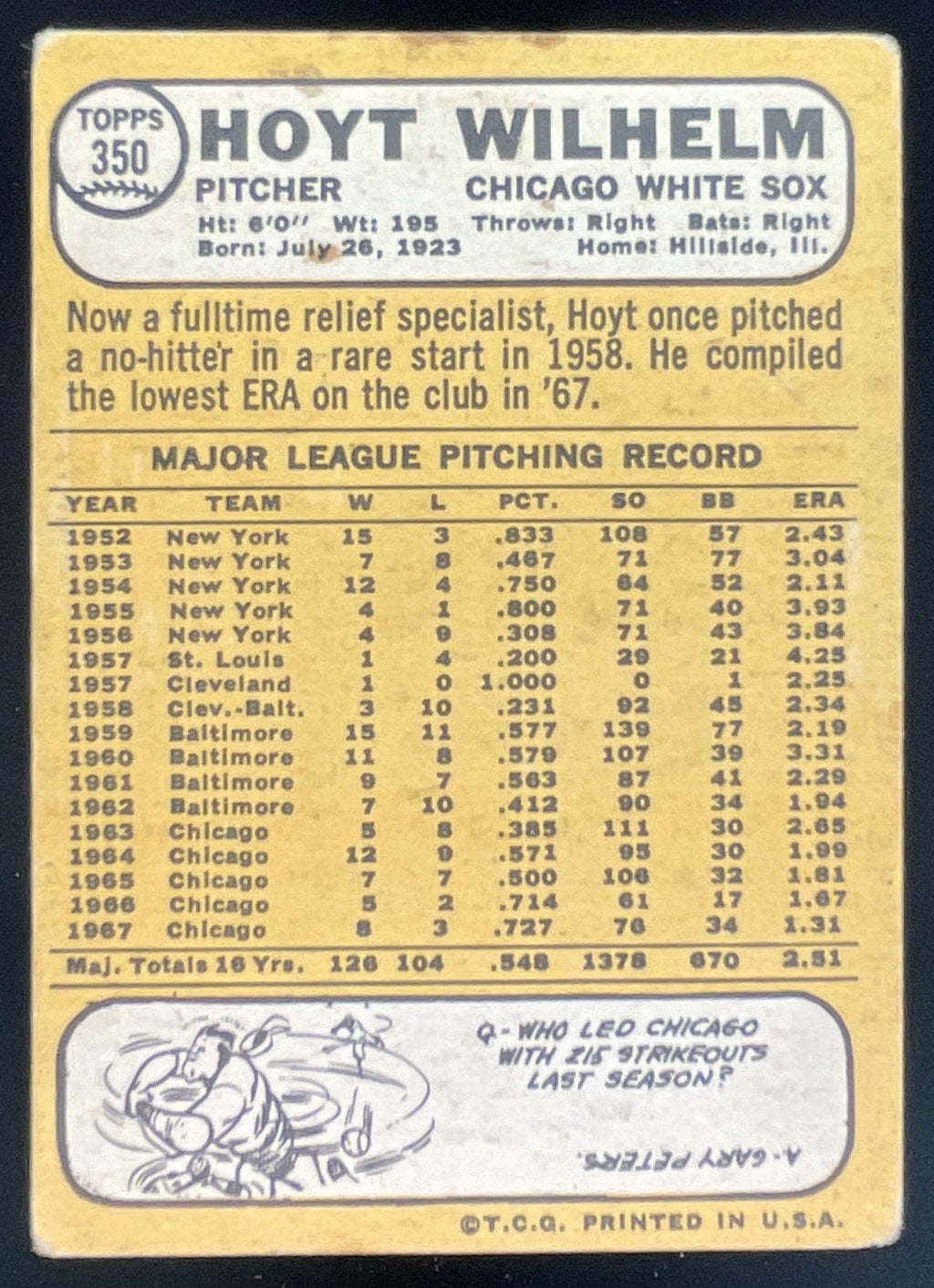 1968 Topps #350 Hoyt Wilhelm product image 2, provided for visual reference and product detail review