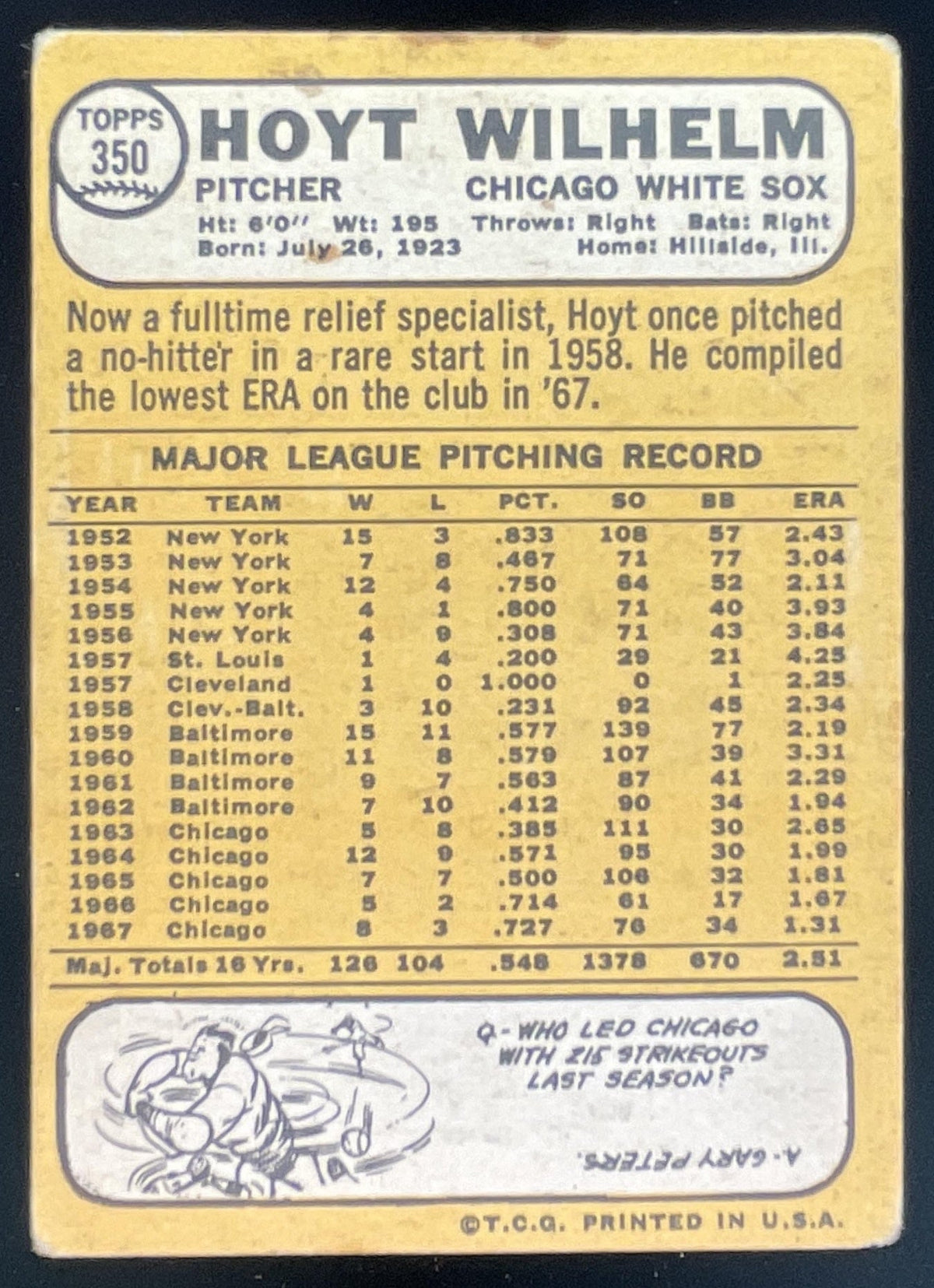 1968 Topps #350 Hoyt Wilhelm product image 2, provided for visual reference and product detail review