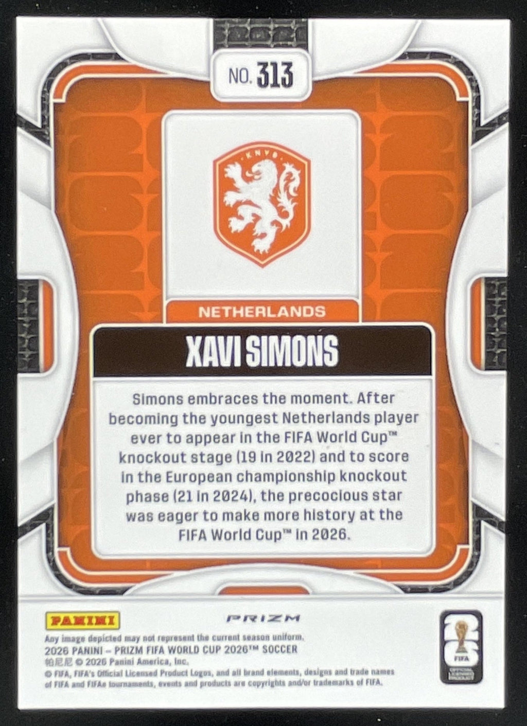 2026 Panini Prizm World Cup Choice Tiger Stripe Prizm #313 Xavi Simons product image 2, provided for visual reference and