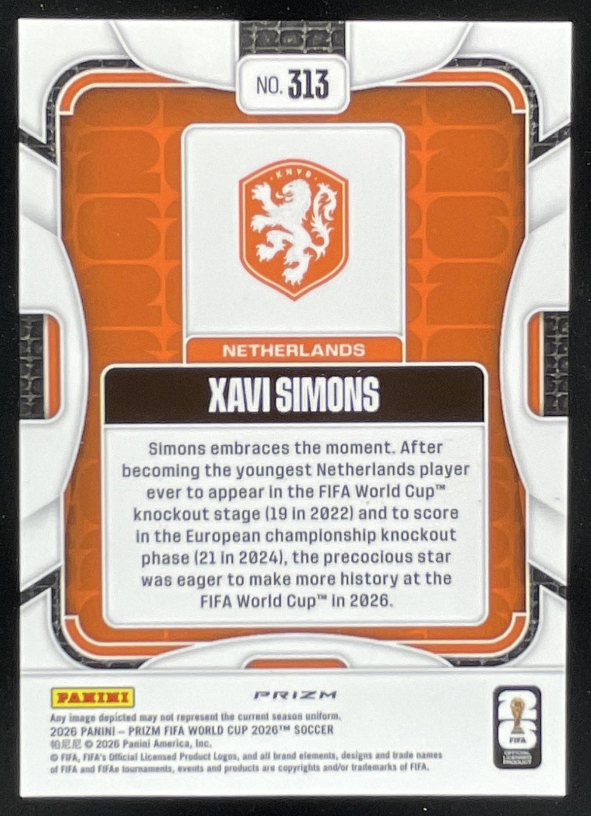 2026 Panini Prizm World Cup Choice Tiger Stripe Prizm #313 Xavi Simons product image 2, provided for visual reference and