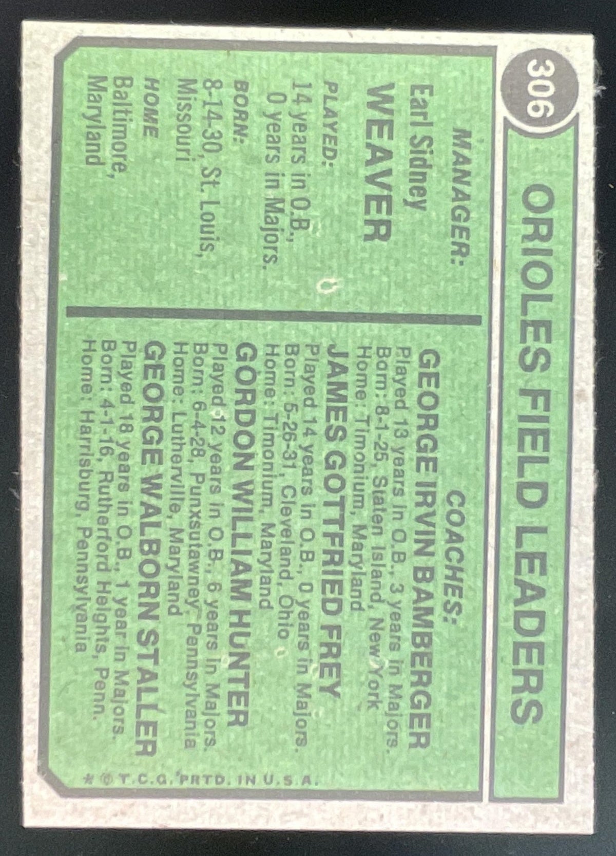 1974 Topps #306 Earl Weaver Frey George Bamberger Billy Hunter George Staller product image 2, provided for visual reference