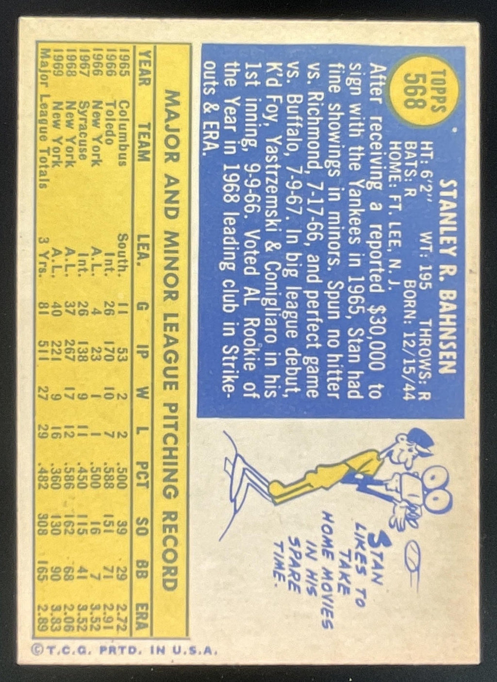 1970 Topps #568 Stan Bahnsen product image 2, provided for visual reference and product detail review
