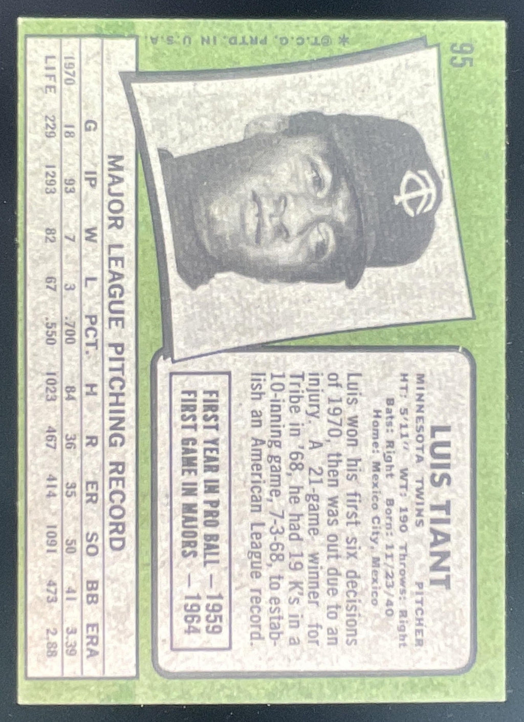 1971 Topps #95 Luis Tiant product image 2, provided for visual reference and product detail review
