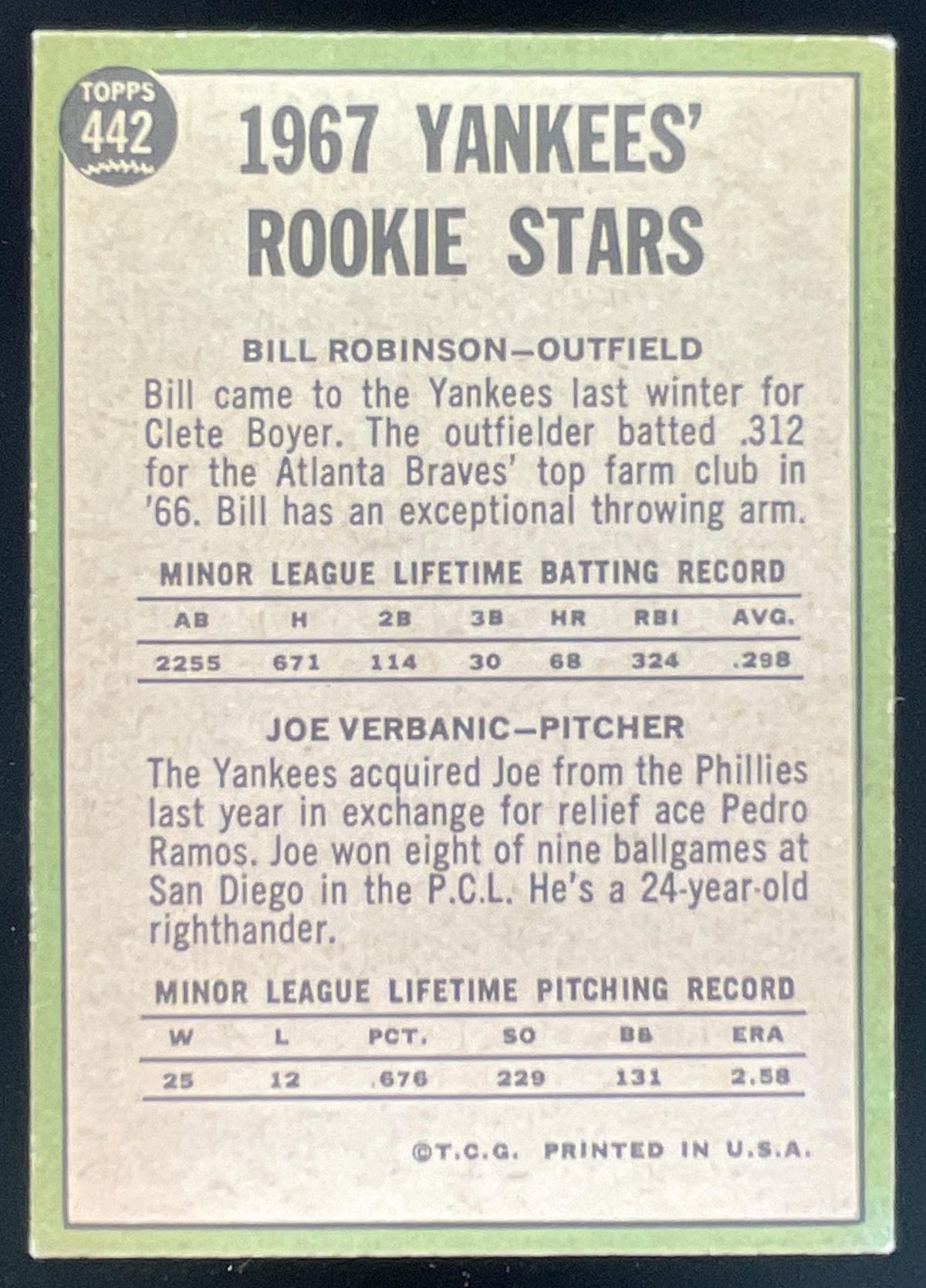 1967 Topps #442 Yankees 1967 Rookie Stars Bill Robinson Joe Verbanic RS, RC product image 2, provided for visual reference