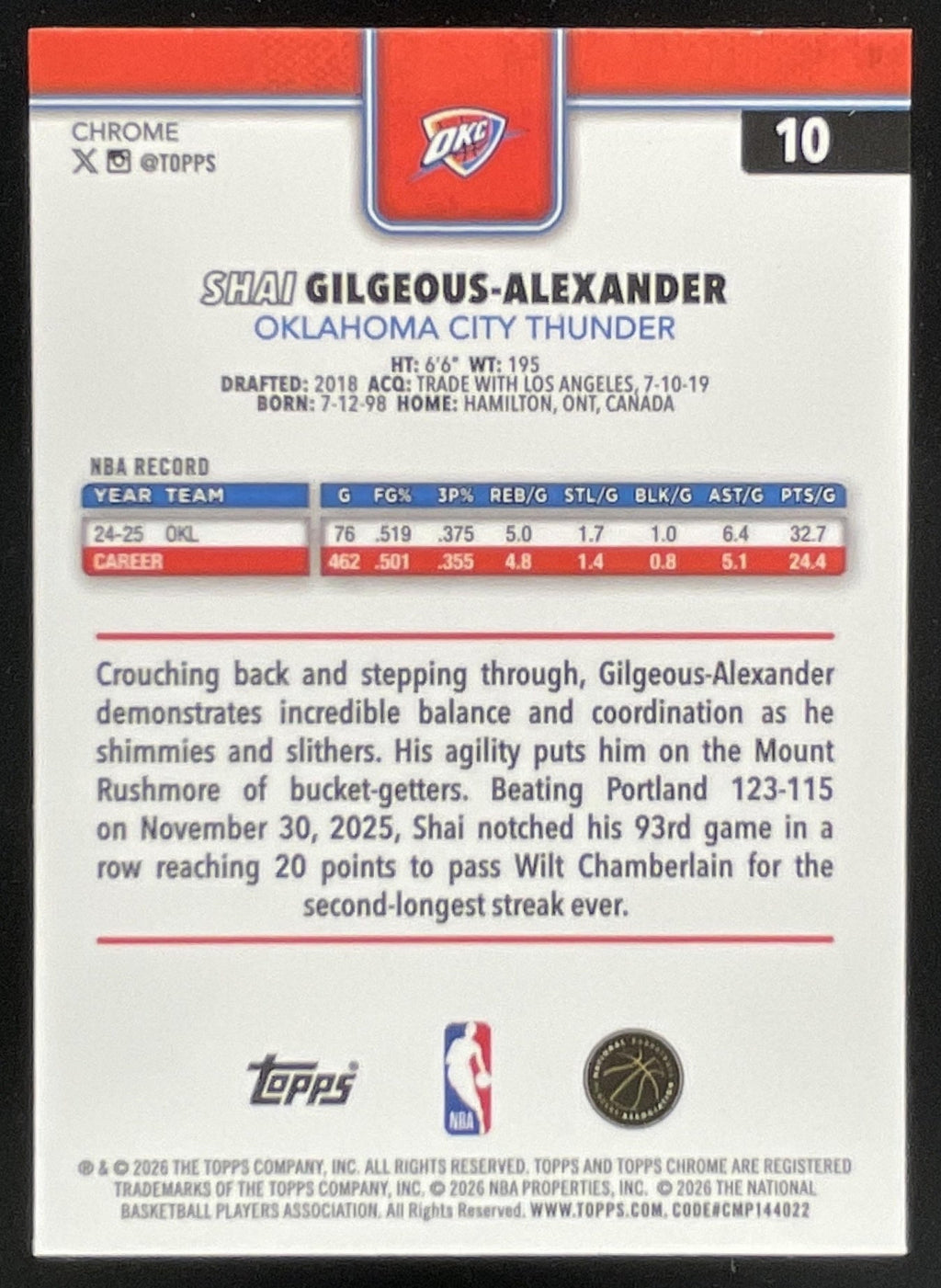 2025-26 Topps Chrome Update Blue Ray Wave #10 Shai Gilgeous-Alexander /150 product image 2, provided for visual reference