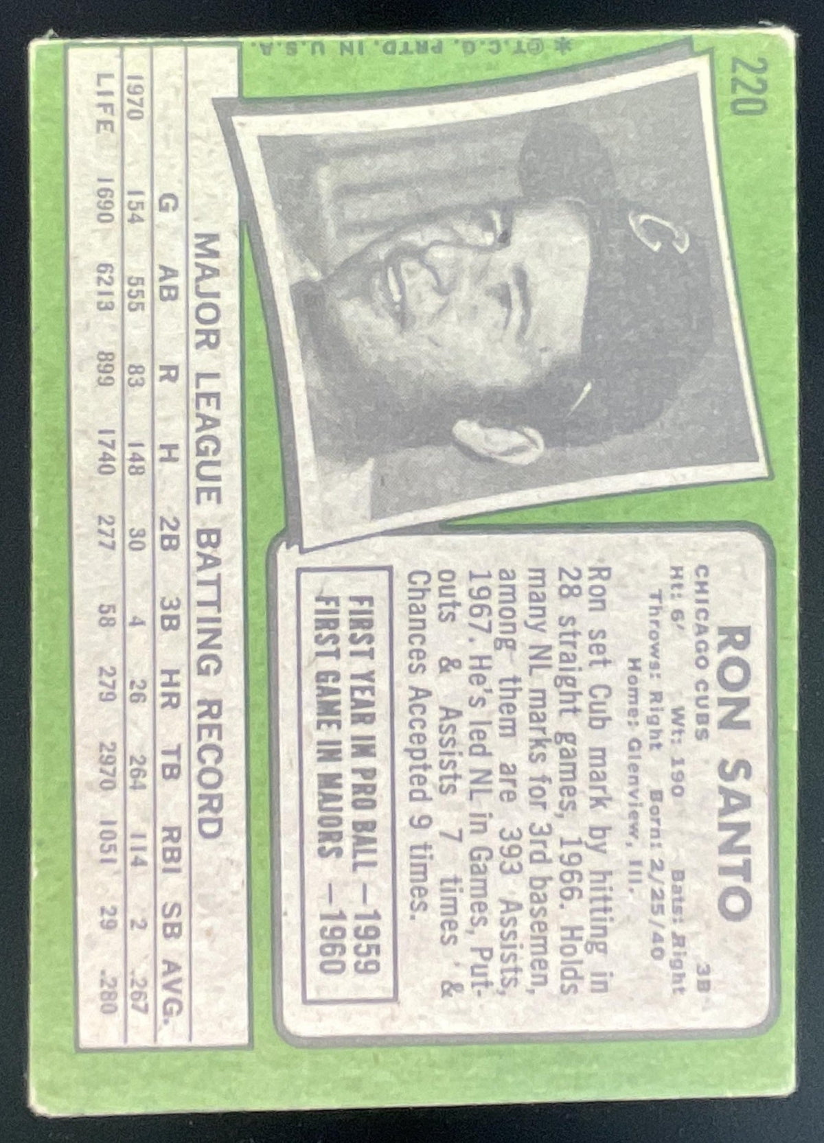 1971 Topps #220 Ron Santo product image 2, provided for visual reference and product detail review