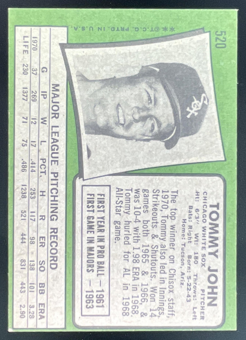 1971 Topps #520 Tommy John product image 2, provided for visual reference and product detail review