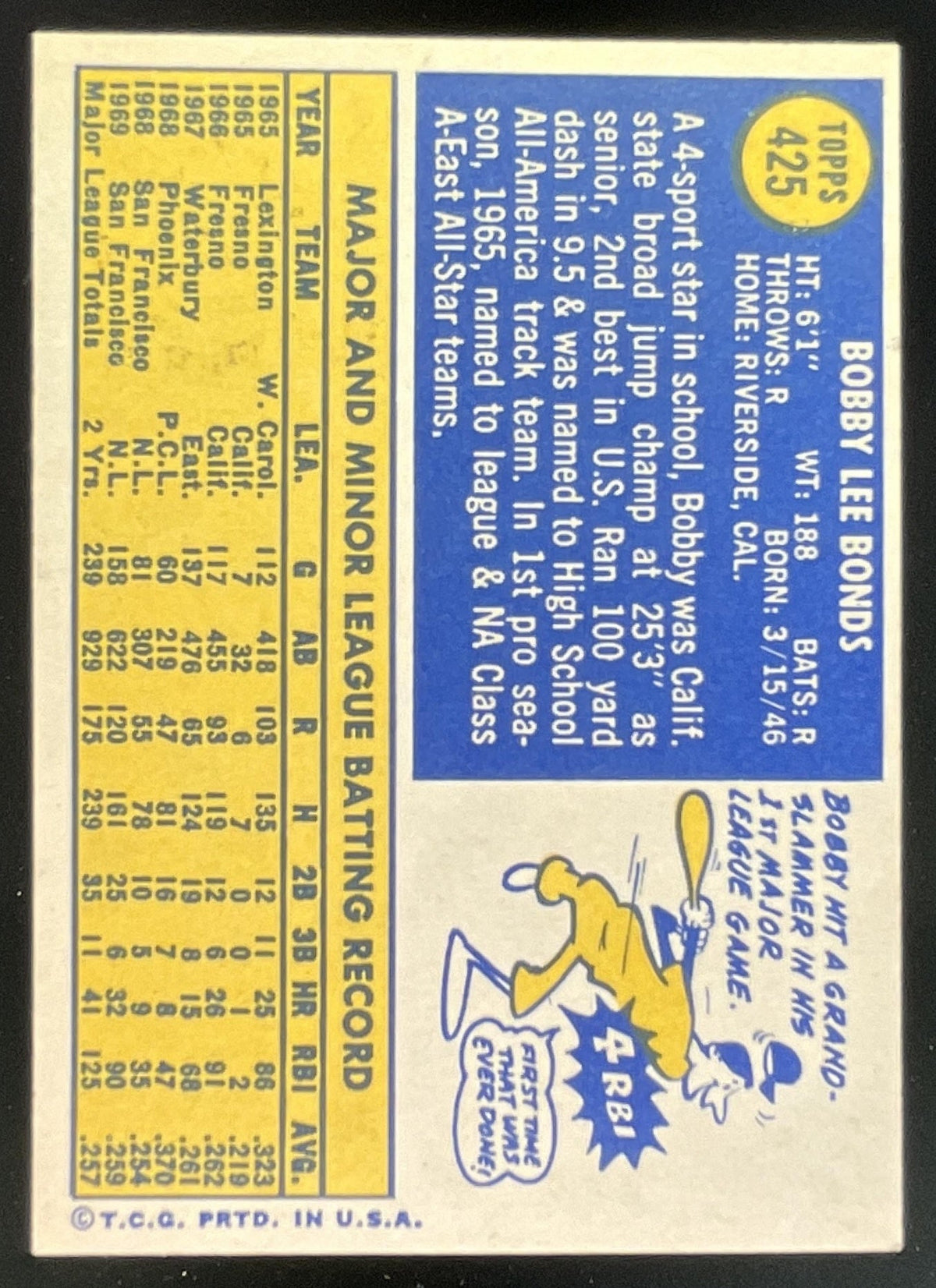 1970 Topps #425 Bobby Bonds product image 2, provided for visual reference and product detail review