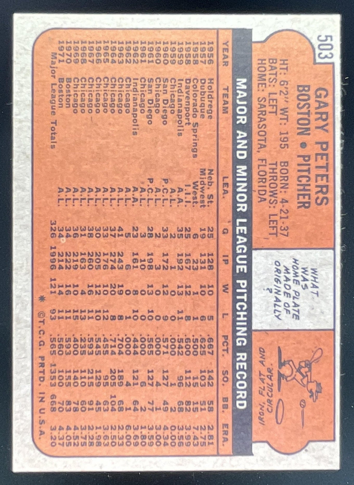 1972 Topps #503 Gary Peters product image 2, provided for visual reference and product detail review