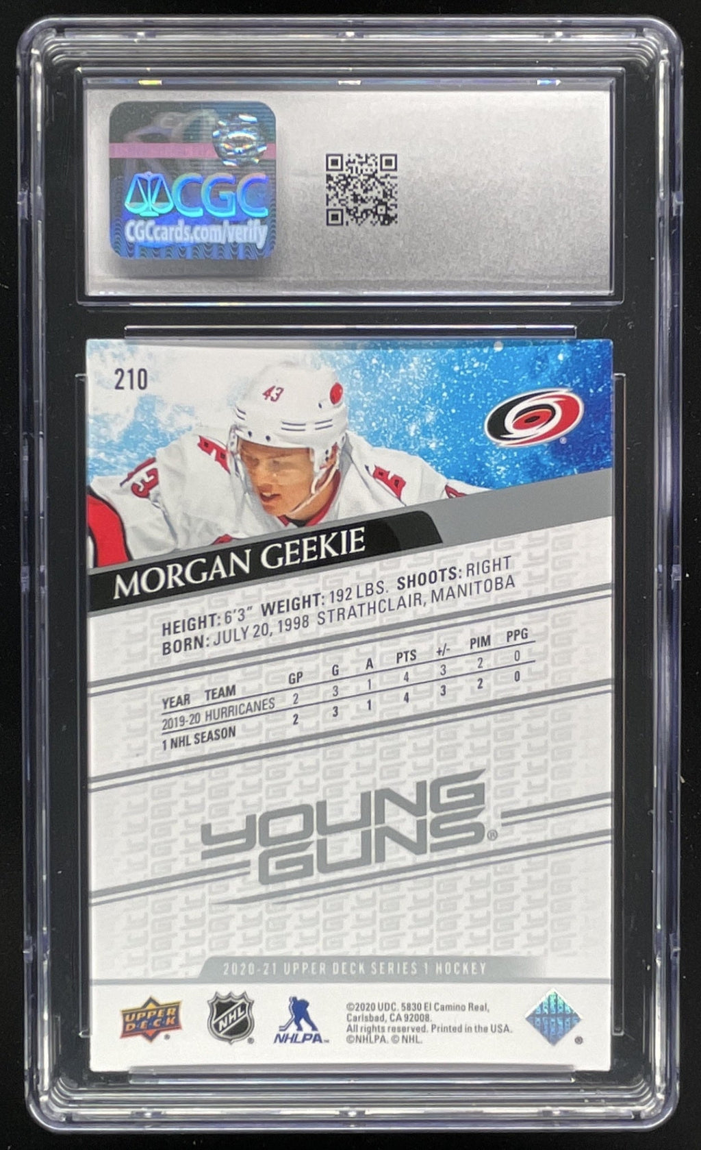 2020-21 Upper Deck #210 Morgan Geekie Young Guns RC CGC 10 product image 2, provided for visual reference and product detail