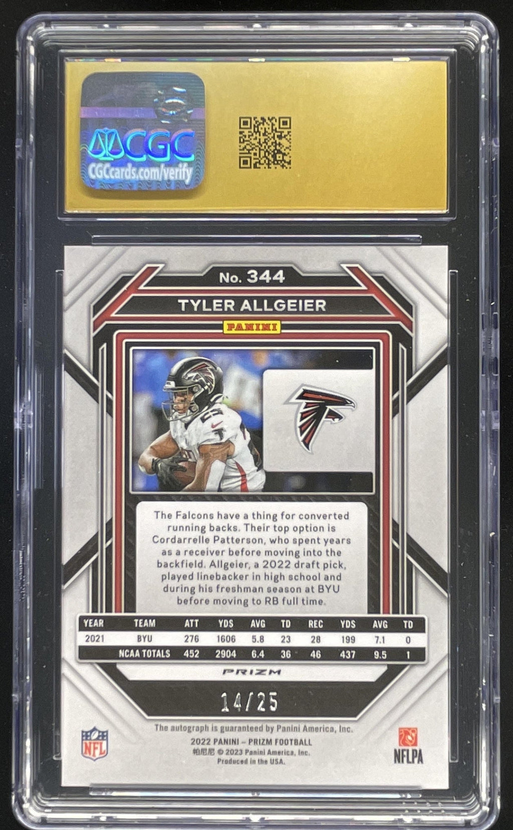 2022 Prizm Prizm Blue Shimmer #344 Tyler Allgeier RC Auto /25 CGC 10 product image 2, provided for visual reference and