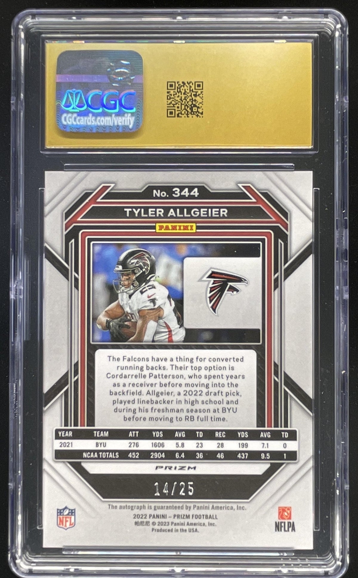 2022 Prizm Prizm Blue Shimmer #344 Tyler Allgeier RC Auto /25 CGC 10 product image 2, provided for visual reference and
