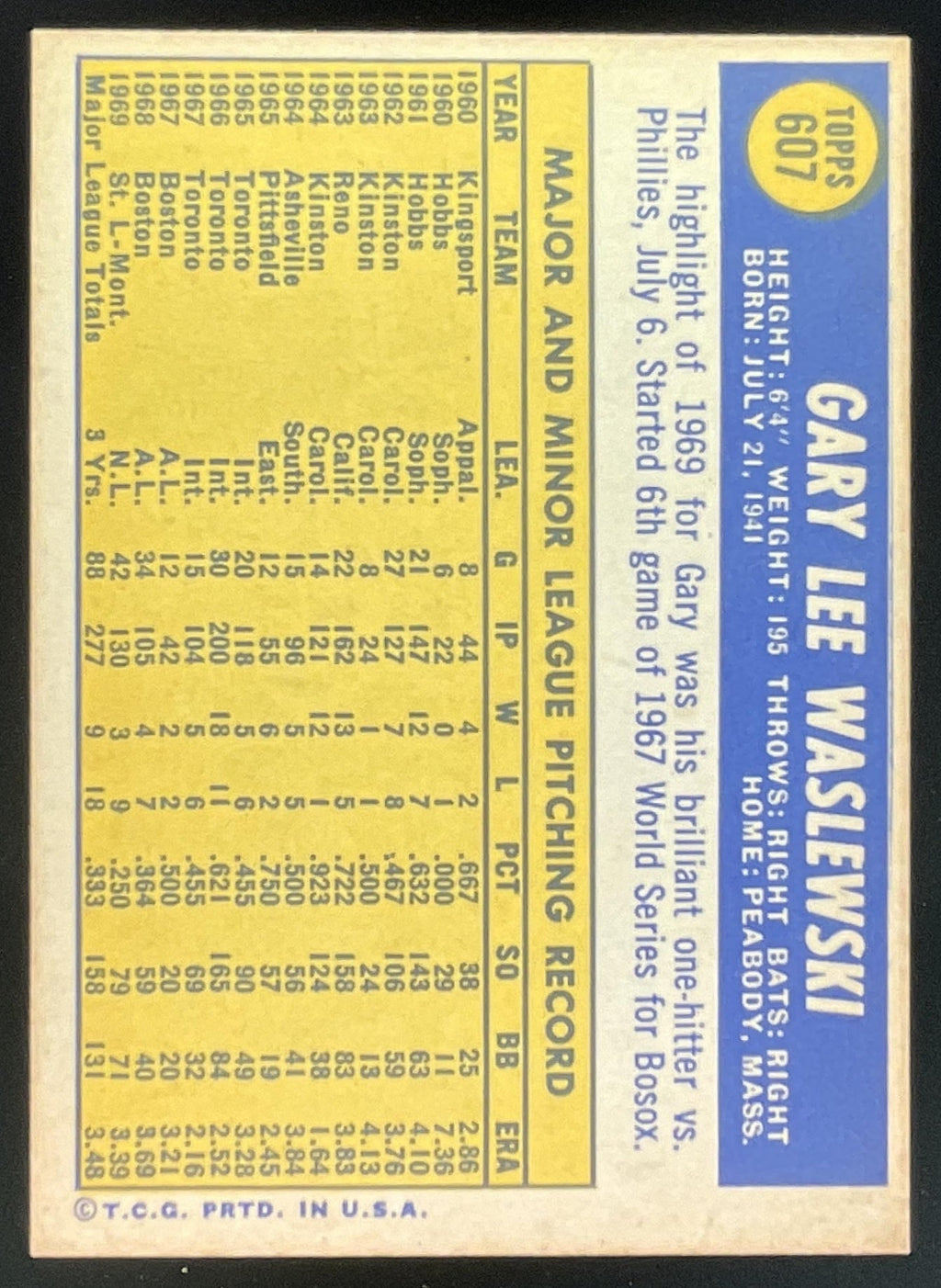 1970 Topps #607 Gary Waslewski product image 2, provided for visual reference and product detail review