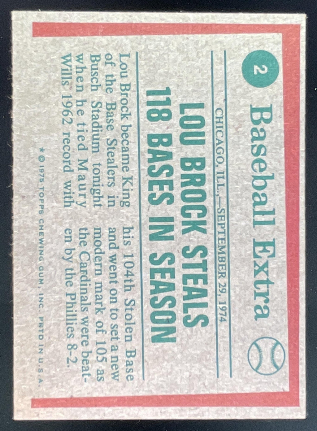 1975 Topps #2 Lou Brock product image 2, provided for visual reference and product detail review